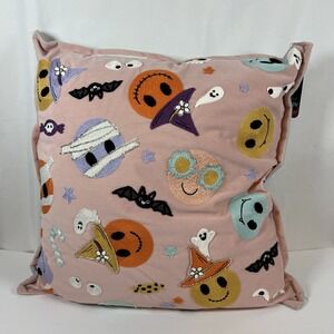 Lunaville Smiley Face Decorative Halloween Pillow – Pink & Green, Witches & Bats